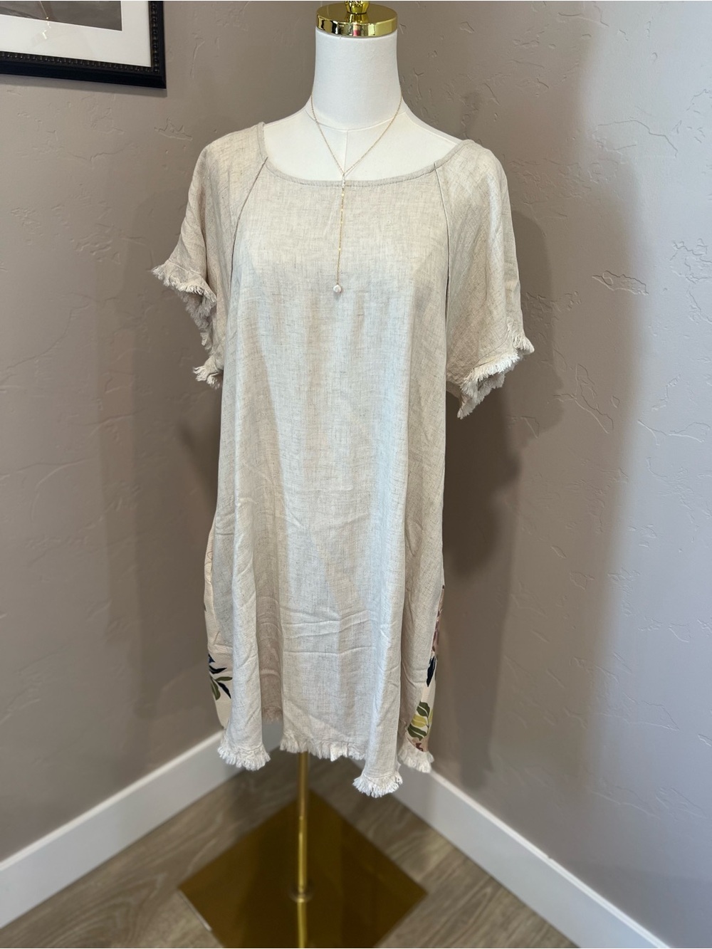 Light Beige Short Sleeve Shift Dress with Frayed Trim and Colorful Print on back